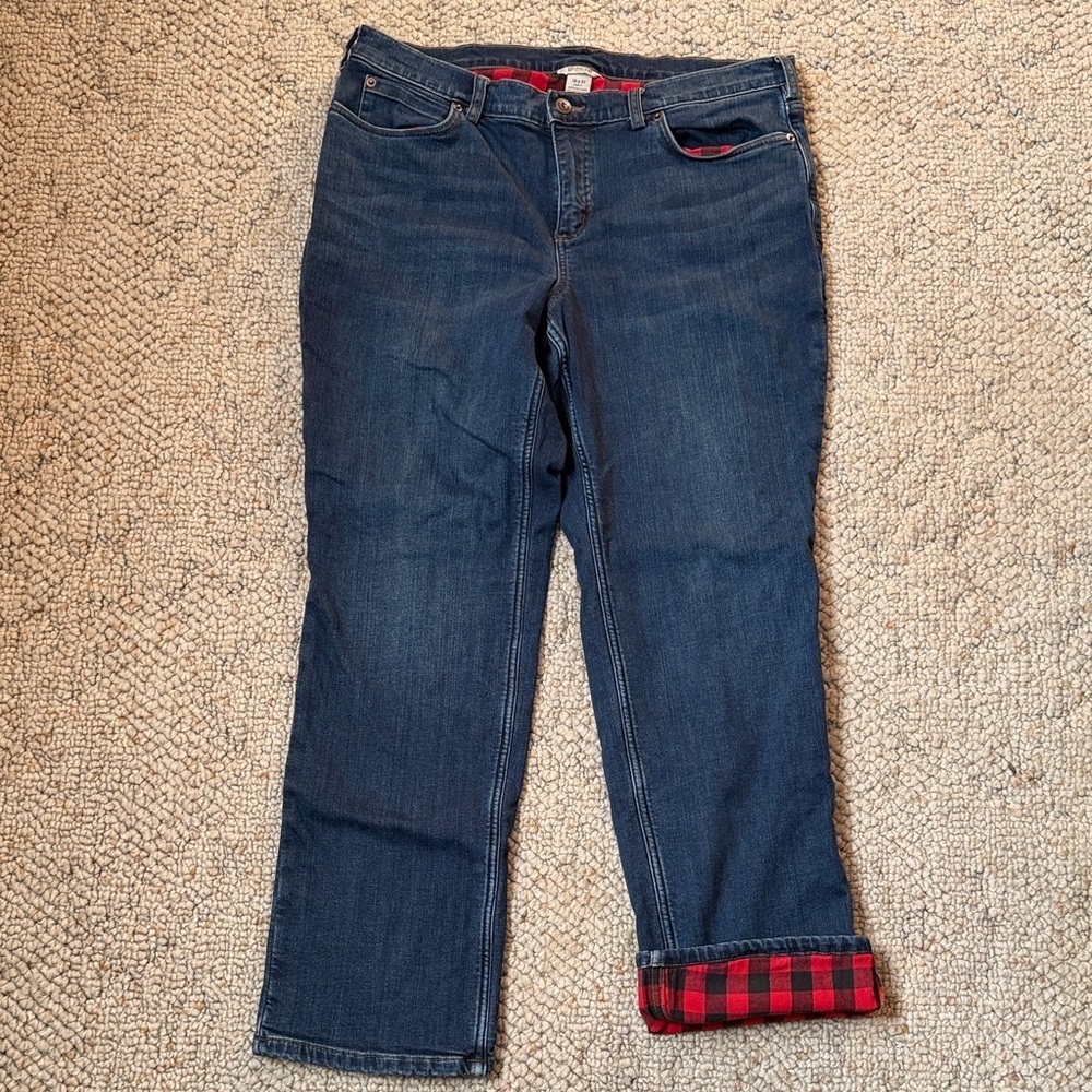 Duluth Trading Co Blue Jeans with Red Plaid Lining